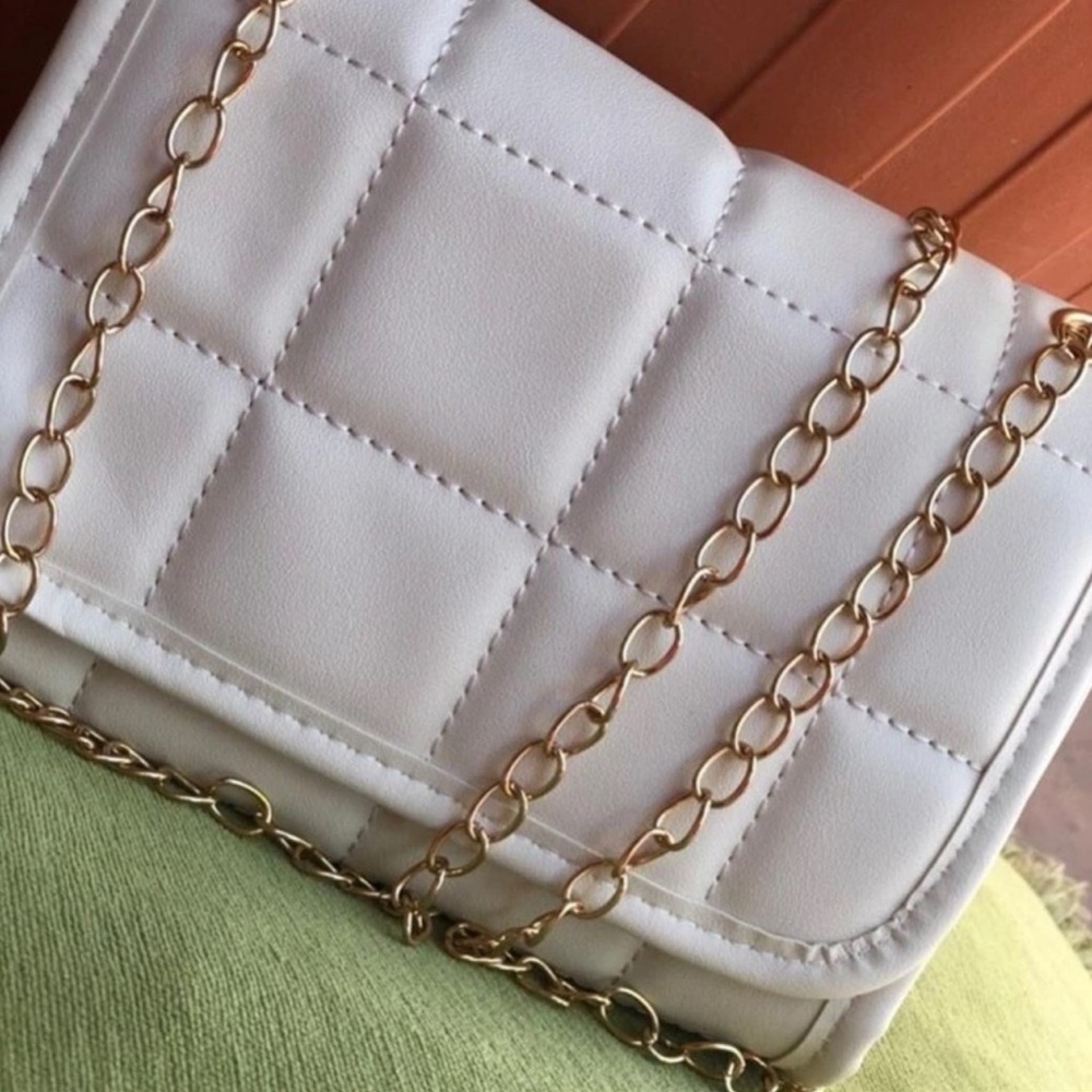 New Boho Plaid Quilted Cream Beige Faux Leather Flap Chain Square Crossbody Bag - Picture 5 of 16